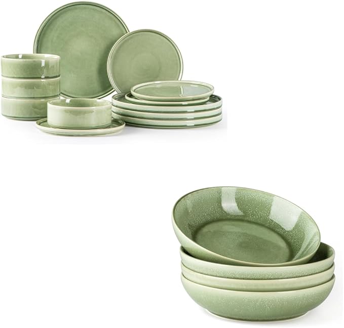 AmorArc Ceramic Dinnerware Sets with Pasta Bowl Handmade Reactive Glaze Plates and Bowls SetsHighly Chip and Crack Resistant | Dishwasher &amp Microwave Safe Dishes Set Service for 4 (16pc)