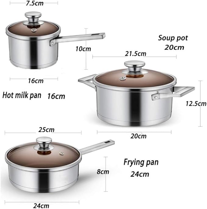 CookwareFrying Pan and Saucepan Set with Lids Stay Cool HandlesStainless Steel 3 PieceSuitable for A Variety of Stoves Including Induction Cookers