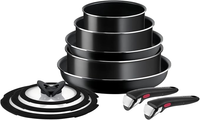Tefal Ingenio Easy On 10 Piece Set Pots &amp Pans Set Stackable Easy Cleaning Non-Stick Coating Removable Handle Heat Indicator All Hobs Compatible Except Induction L1599143