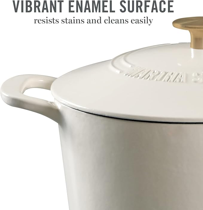 Martha Stewart Lockton Premium Nonstick PFA Free Ceramic Interior 10 Piece Heavy Gauge Enamel Aluminum Pots and Pans Cookware Set - Linen White w/Gold Handle &amp Gatwick 7 QT Enamel Cast Iron Dutch