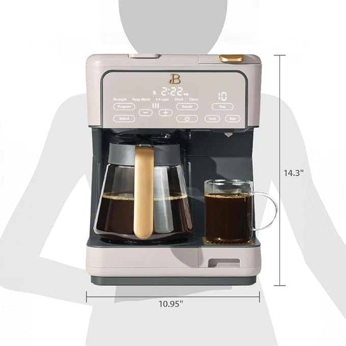 Beautiful Multi-Brew Commercial-Grade 12-Cup &amp Single-Serve Coffee Maker with Over Ice Option for Business and Personal Use by Drew Barrymore (Porcini Taupe)