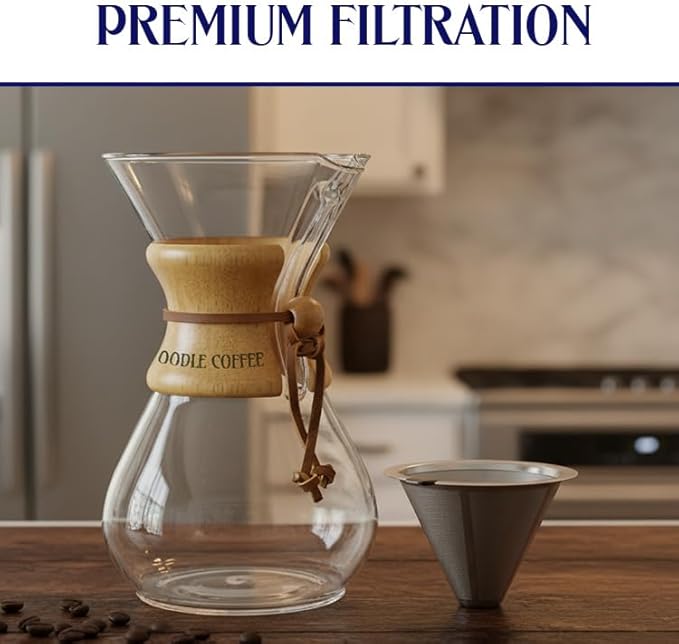 Pour Over Coffee Maker Wood and Glass 600ml with Stainless Steel Filter 5 x 9 inches
