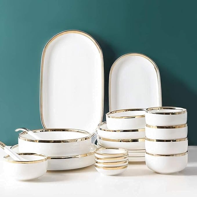 Dinnerware Set Dinner Party Tableware Service Set Dinnerware Sets Service for 2/4/6 Kitchen Plates and Bowls Sets White Luxury Bone China Tableware Nordic Gold Porcela9pcs