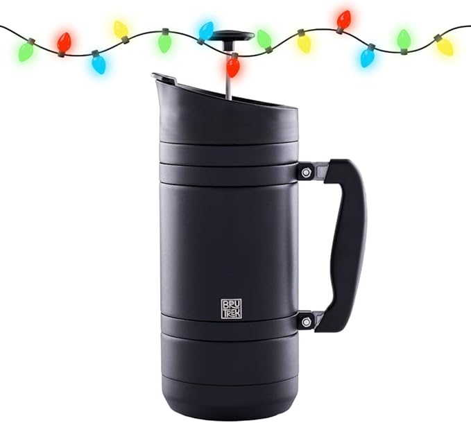 BruTrek® by Planetary Design BaseCamp Coffee Press - Double Wall Insulated Stainless Steel - Bru-Stop Technology No Grounds in Coffee No Spill Lid (Obsidian 48 fl.oz)