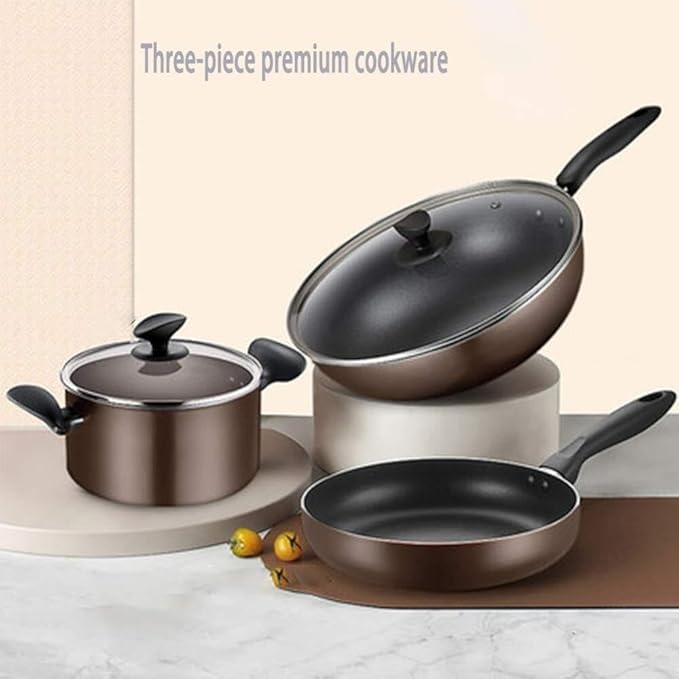 3-Piece Aluminum Cookware Set Non-Stick Coating Induction-Compatible Base Oven Safe Pots with Lids &amp Frying Pan Set