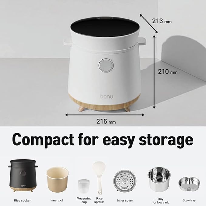 Banu Mini Low Carb Rice Cooker Japanese Low Carb Rice Cooker 3 Cups (white rice) 1 Cup (Low carb rice) Uncooked with Stainless Steel Steamer Rice Maker Low Sugar Rice Function 24H Delay Timer &amp