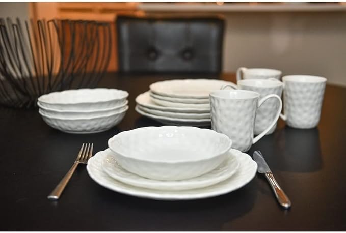 Marble Round 16 Pc Dinner Set Service for 4 White Textured Casual Modern Contemporary Porcelain Piece Dishwasher Safe Microwave
