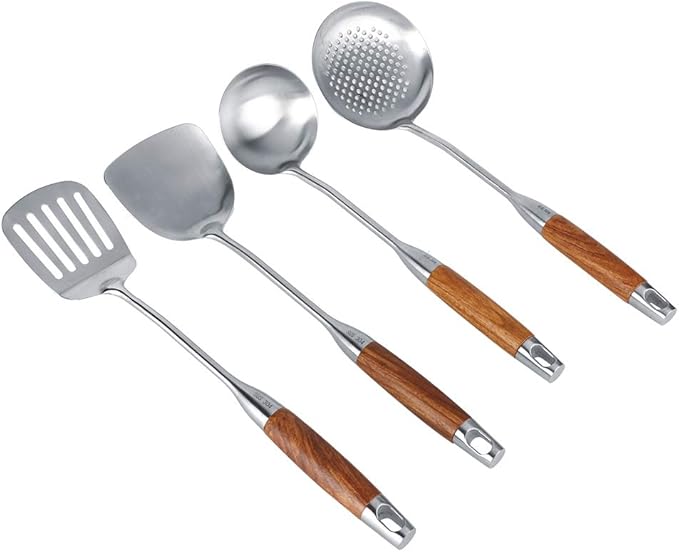 Chef Kitchen Cookware Set 4 Piece Nonstick Spatula Set Black Wooden Handle Stainless Steel Kitchen Gadgets