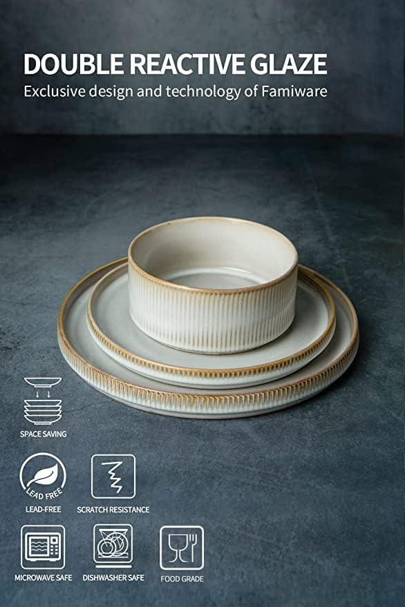 Famiware Dinnerware Set for 4 (12 Piece) and 5.5 Soup Bowl Set (6 Pieces) - Cappuccino White