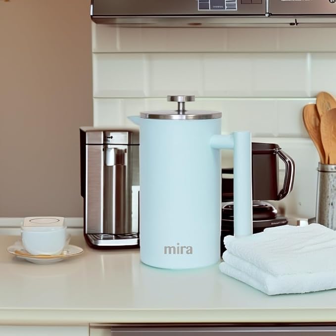 MIRA 20 oz Insulated French Press - Stainless Steel Coffee &amp Tea Maker - Double Wall Temperature Control Brewer Pearl Blue