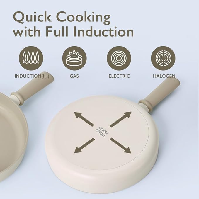 Chou Chou Kitchen Essential 6-Pieces Cookware Set with Lid Healthy Cooking Ceramic Coating 7 Saucepan 8 Casserole 9.5 Low Pot Induction Compatible Kitchenware Made in Korea