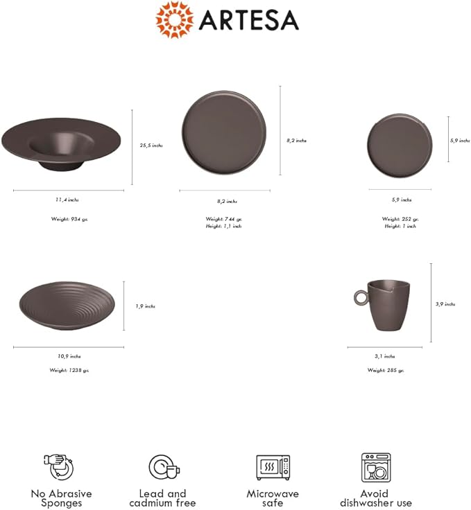 Artesa Handmade Ecuadorian Ceramic 4-Piece Rustic Dinnerware Set – Metallic Brown Includes 11-inch Dinner Plate 8-inch Salad Plate Pasta Bowl Cup &amp Saucer Microwave Safe