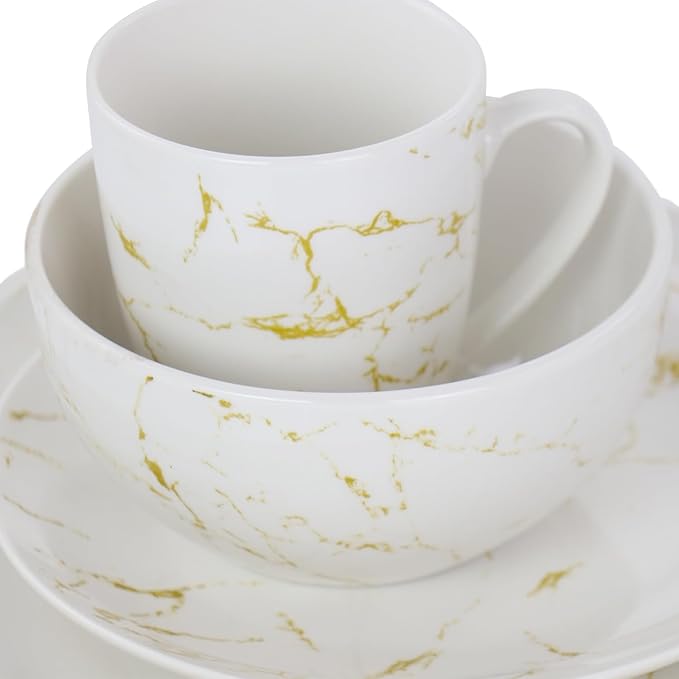 16 Piece Stoneware Dinnerware Set – Marble Pattern Dishes Dishwasher &amp Microwave Safe Tableware Service for 4 Elegant Glazed Dinner Plates and Bowls (Gold and White)