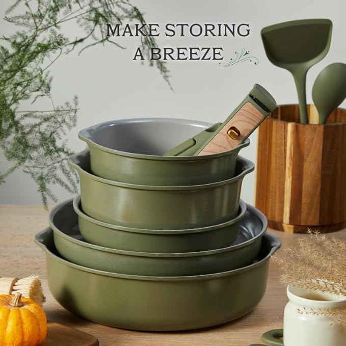 CAROTE 18 Pcs Ceramic Cookware Set Detachable Handle Non Toxic Pots and Pans Set Non Stick Induction Kitchen Cookware Removable Handles Oven Safe Stackable RV/Camping Cooking Set Green