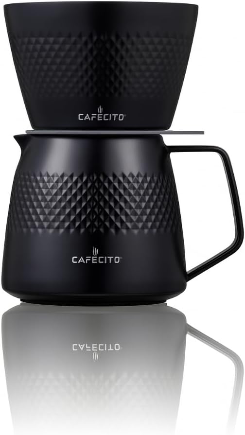 CAFECITO Pour Over Coffee Maker Dripper &amp Server Set | 12oz Double Wall Stainless Steel | Diamond Pattern V60 Brewer Cone Set | 1-2 Cups | Anti-Over Extraction Design