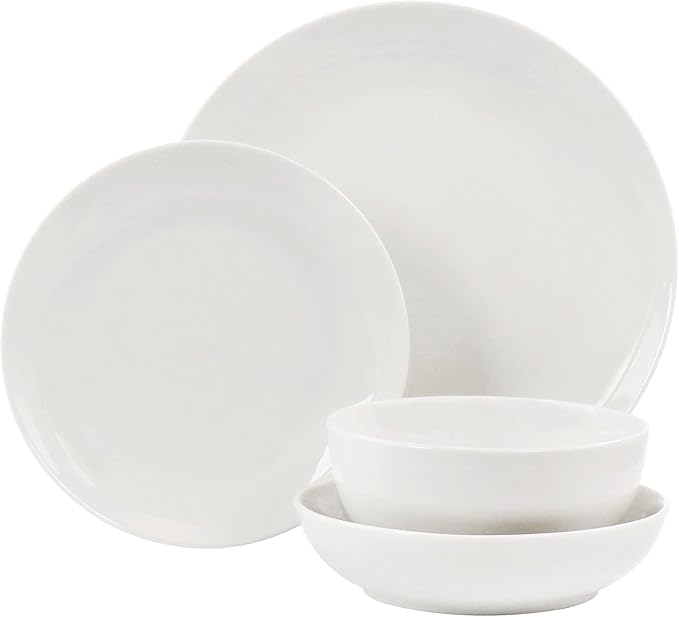 16 Piece Porcelain Double Bowl Dinnerware Set for 4 White Plates and Serving Bowls Dishwasher and Microwave Safe Tableware Set