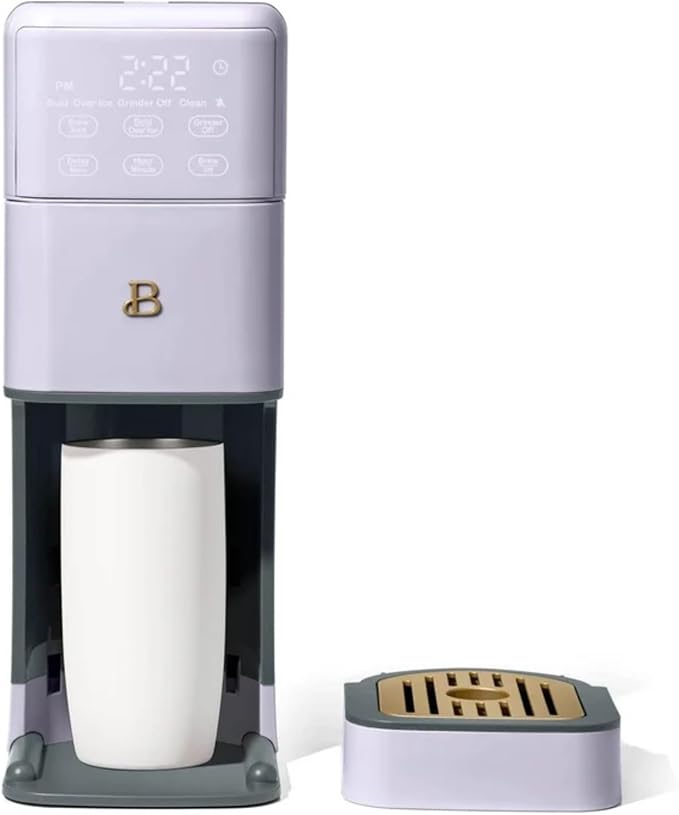 Perfect Grind Programmable Single-Serve Coffee Maker with Built-In Grinder Fresh Ground Brewing Touch Controls Reusable Filter Compact Countertop Design (Lavender)