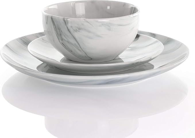 16 Piece Stoneware Dinnerware Set – Marble Pattern Dishes Dishwasher &amp Microwave Safe Tableware Service for 4 Elegant Glazed Dinner Plates and Bowls (Black and White)