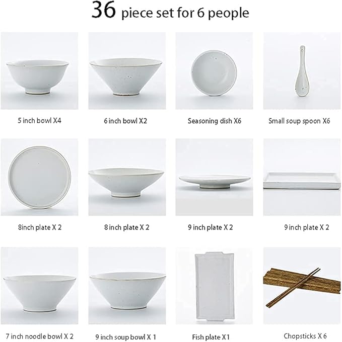 Dinnerware Sets for 6 People Japanese Retro Stoneware Simple Dishware Sets Plate and Bowl Sets 36 Pieces of White Black Spot Porcelain Dinnerware Set