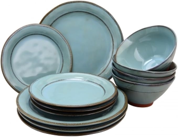 12-Piece Terracotta &amp Stoneware Dinnerware Set – Hand-Painted Artisanal Plates &amp Bowls Reactive Glaze Finish Dishwasher &amp Microwave Safe (Teal)