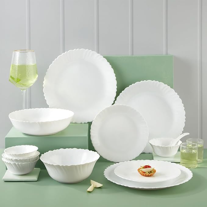 Borosil Gourmet Dinnerware Set For 6 35 Pieces White Dinner Plates and Bowls Sets Chip Resistant Tempered Opal Glass Stain Resistant Dishwasher &amp Microwave Safe Dinner Set For Gifting Serves
