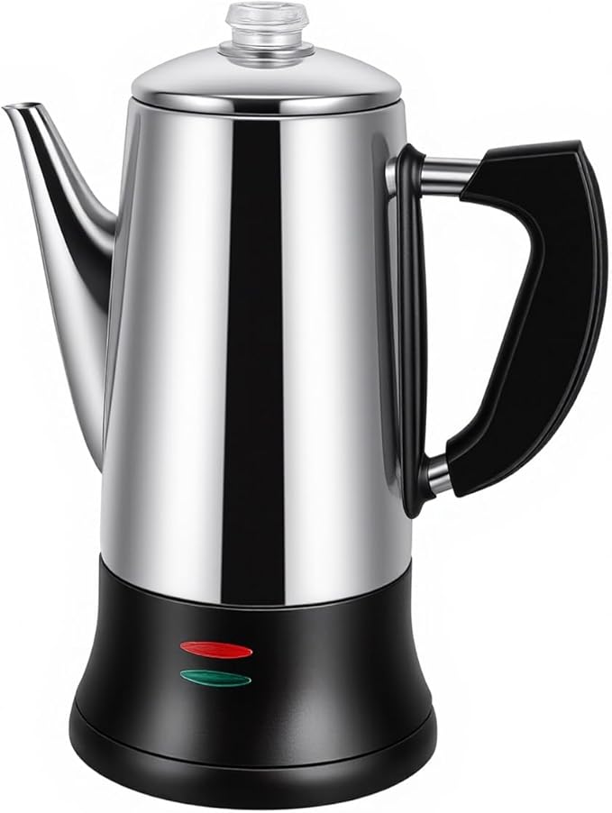 Electric coffee maker 12-cup capacity stainless steel construction automatic heating with boil-dry protection heat-resistant handle design 360° swivel base transparent brewing indicator.