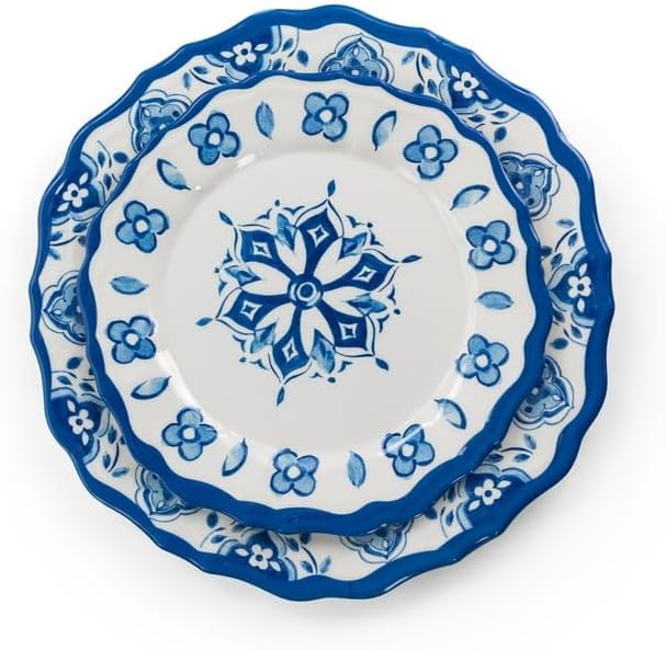 12 Piece Blue Floral Melamine Dinnerware Set – Lightweight Chip Resistant Plates and Bowls with Scalloped Design