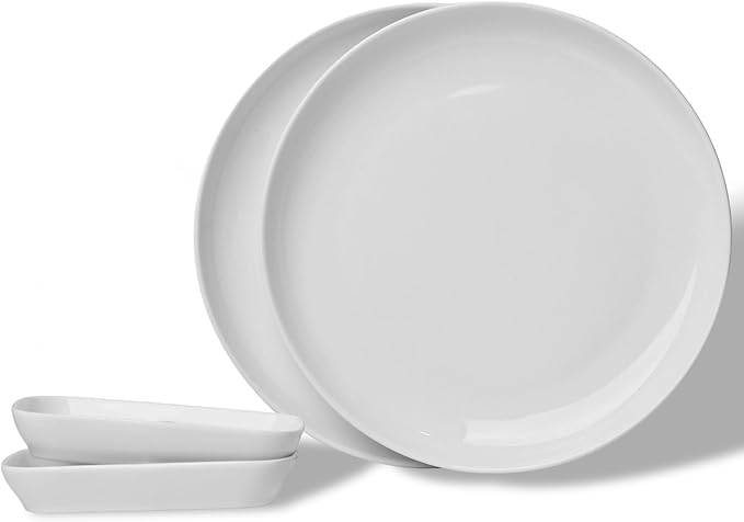 LEETOYI Ceramic Dishes and Plates 4-Piece Dinnerware Set Dinner Plates and Dipping dishes for Dessert Salad Pasta and Dip Microwave &amp Dishwasher Safe White