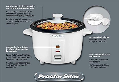 Proctor Silex Rice Cooker &amp Food Steamer 8 Cups Cooked (4 Cups Uncooked) White (37534NR)