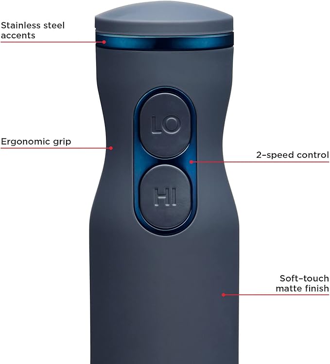 Chefman Immersion Stick Hand Blender with Stainless Steel Blades Powerful Electric Ice Crushing 2-Speed Control Handheld Food Mixer Purees Smoothies Shakes Sauces &amp Soups Midnight Blue
