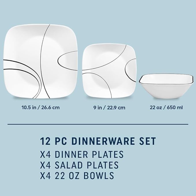 Corelle 18-Piece Service for 6 Dinnerware Set Triple Layer Glass and Chip Resistant Lightweight Square Plates and Bowls Set Simple Lines