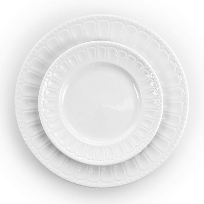 20 Piece White Porcelain Dinnerware Set with Mugs and Saucers – Embossed Arched Design Service for 4 Microwave &amp Dishwasher Safe