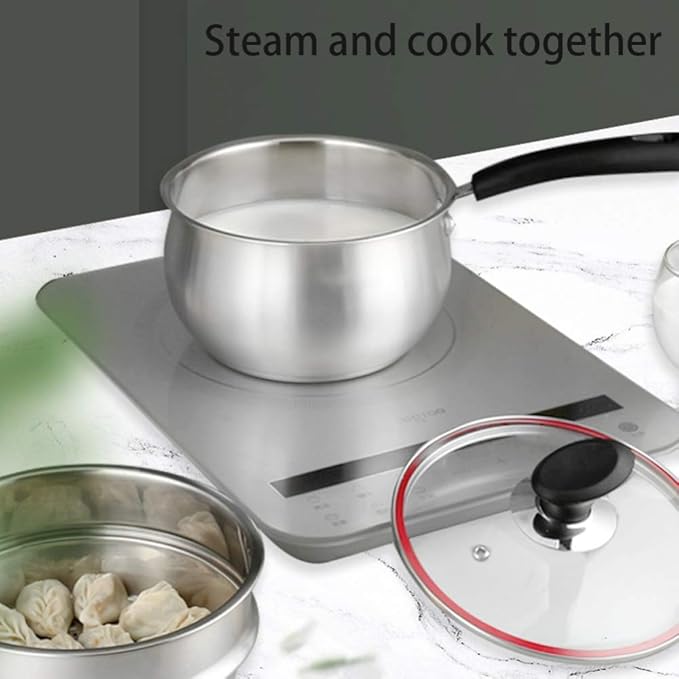 2-Piece cookware Set Stainless Steel Soup Pot Mini Steamer with Tempered Glass lid Sturdy Handle Suitable for All Gas Induction cookers Easy to Clean Cookware