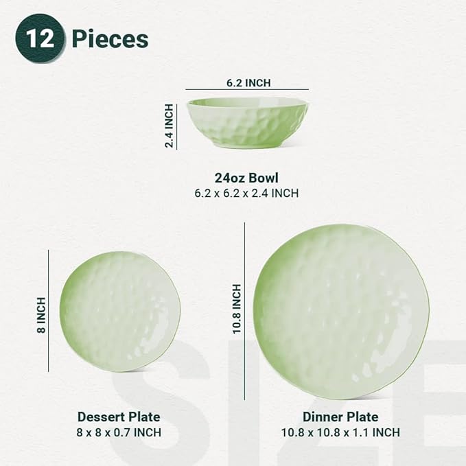 HOMBENE Plates and Bowls Sets Dinnerware Set 12 Piece Service Porcelain Dinnerware for 4 for Dessert Salad and Pasta Mint Glow Green Dishes