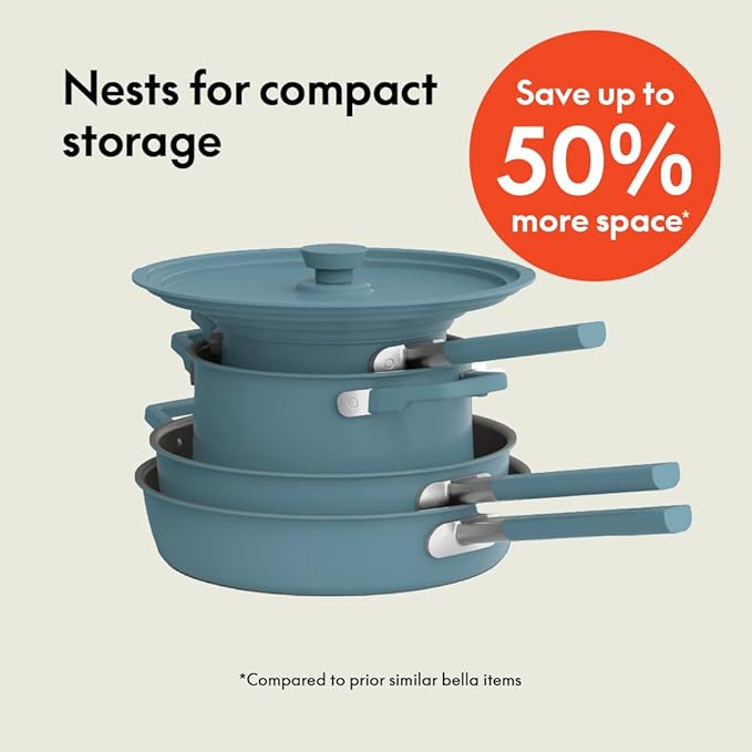 bella 9 Piece Ceramic Nonstick Cookware Set Fits-anywhere™ Kitchenware w EverGood™ Coating Dishwasher &amp Oven Safe All Stovetops Compatible Stackable Design Cool Touch Handles Surf
