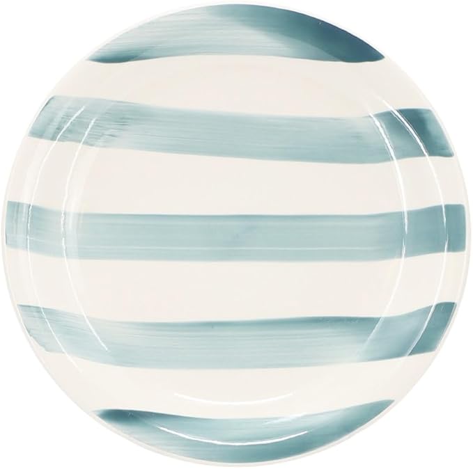 Kenwood Shores 12 Piece Stoneware Dinnerware Set Rustic Handpainted Stripe Plates and Bowls Service for 4 Microwave and Dishwasher Safe (Blue Stripe)
