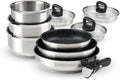 by Brandt 10-Piece Stainless Steel Cookware Set 3 Pots 16/18/20 cm + 3 Non-Stick Frying Pans 20/24/26 cm + 3 Strainer Lids with Bakelite Handle 16/18/20 cm + 1 Removable Handle