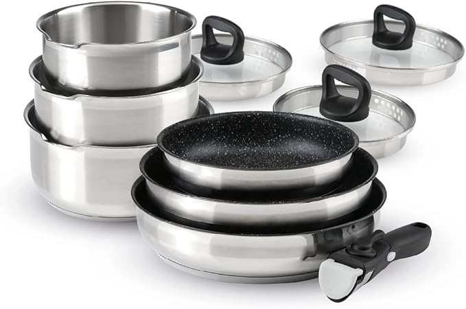 by Brandt 10-Piece Stainless Steel Cookware Set 3 Pots 16/18/20 cm + 3 Non-Stick Frying Pans 20/24/26 cm + 3 Strainer Lids with Bakelite Handle 16/18/20 cm + 1 Removable Handle
