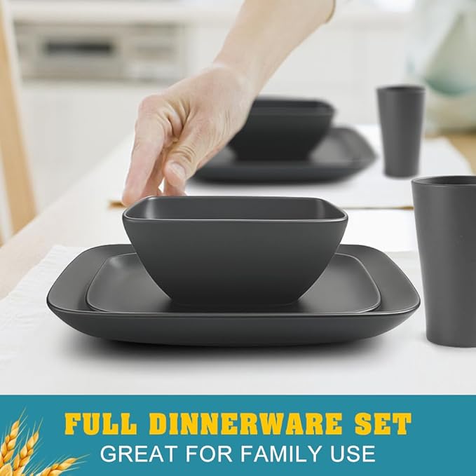 Teivio 48-piece Wheat Straw Square Dinnerware Set for 12 Unbreakable Dinner Plates Salad Plates Snack Bowls Tumblers 20 oz Dishwasher Safe Grey