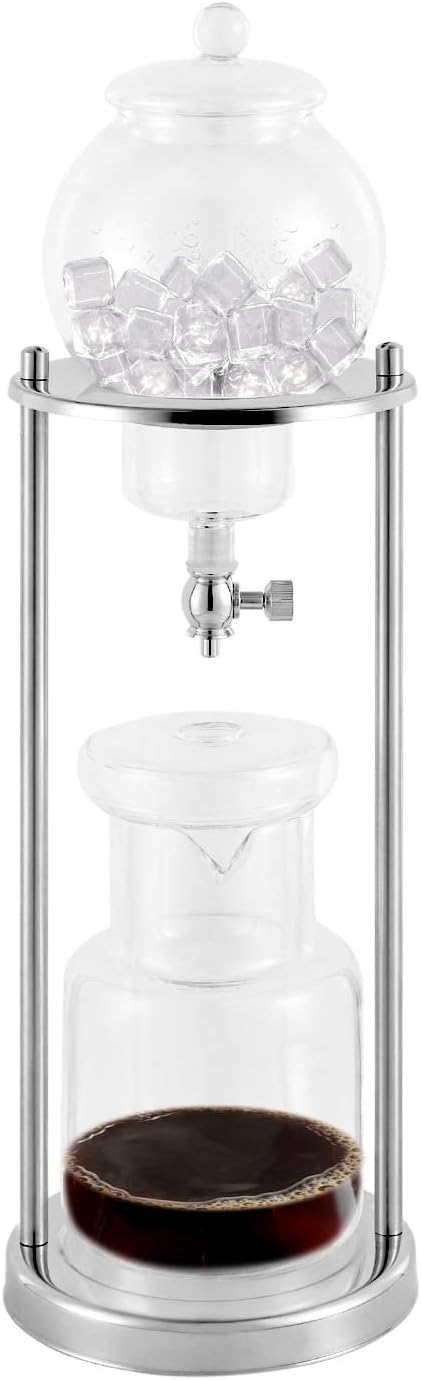 Cold Brew Coffee Maker 600ml/20.29oz Iced Cold Brew Dripper Coffee Maker with Slow Drip Technology Iced Tea Maker with Measuring SpoonPrecision Speed Control (Silver)