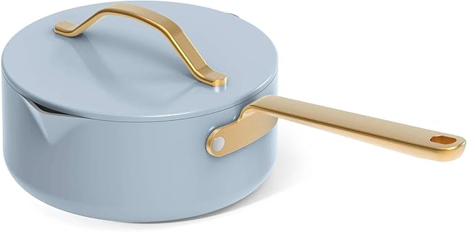 12-Piece Ceramic Nonstick Cookware Set with Lids Induction Compatible Pots and Pans Dishwasher Oven Safe Durable Ceramic Construction with Pour Spouts and Gold-Tone Handles (Cornflower Blue)