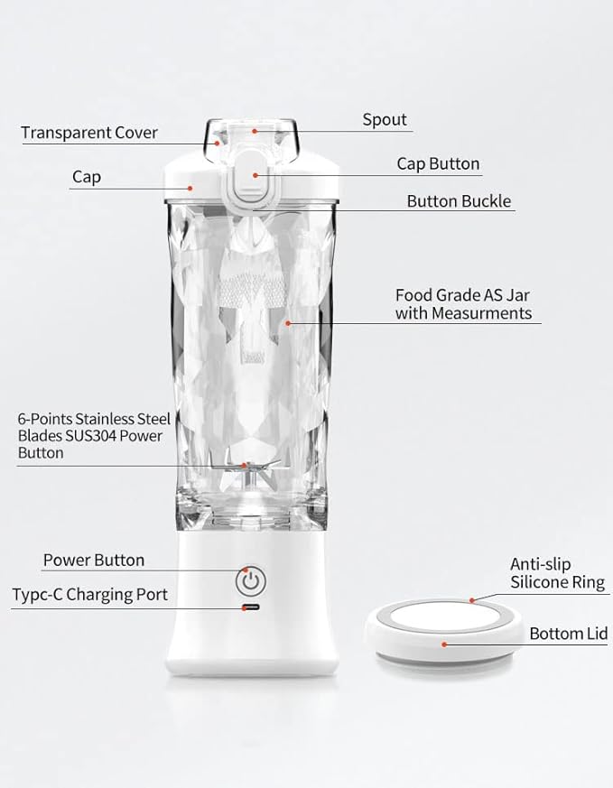 Portable Blender Personal Blender for Shakes and Smoothies USB Rechargeable Mini Juicer Cup with 6 Blades and Lid Self Cleaning 23oz Single Serve Blenders for Travel Home Office Camping