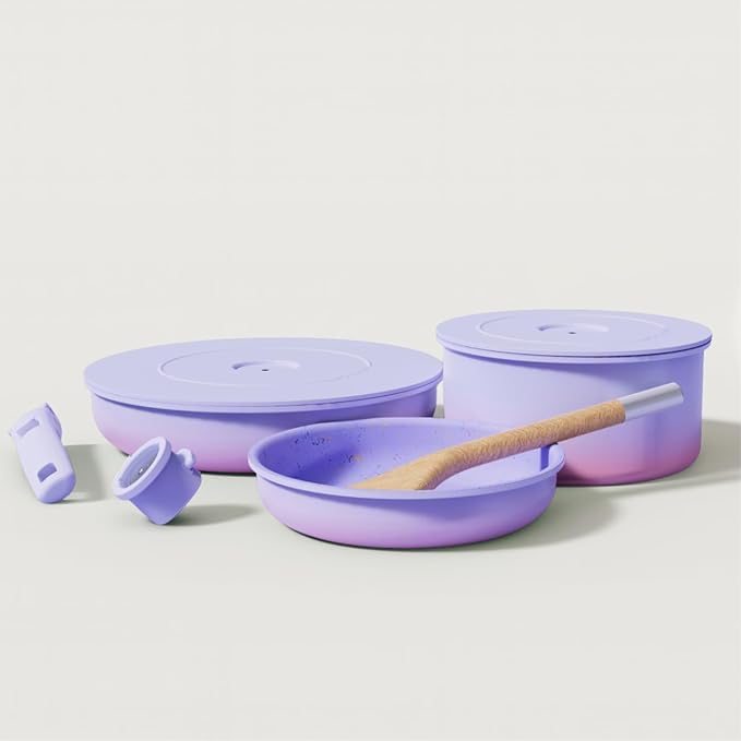 Ombré Titanium Ceramic Cookware Set Non Toxic – 8 Pcs Non Stick Pots and Pans Set with Removable Handles Magnetic Lid &amp Wooden Spatula for Cooking – Oven &amp Dishwasher Safe (Lavender)