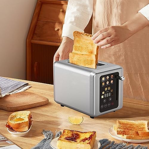 WHALL® Touch Screen Toaster 2 Slice Stainless Steel Digital Timer Toaster 6 Bread Types &amp 6 Shade Settings Smart Extra Wide Slots Toaster With Bagel Cancel Defrost Functions