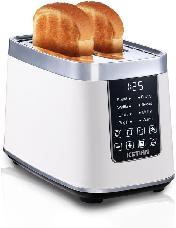 Smart Touch Screen Toaster 2 Slice KETIAN Automatic Digital Stainless Steel Toaster7 Bread TypesSingle Slot Tech7 Browning SettingsRemovable Crumb Tray1400W (White)