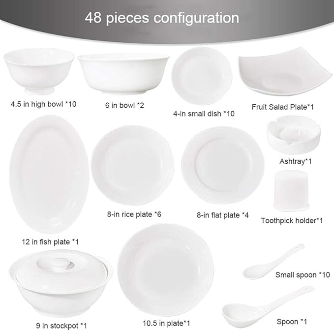 Ceramics Dinnerware Set with 48-PieceBowl/Stockpot/Dish/Spoon|Bone China Dinner SetsPorcelain Combination Set Pure White