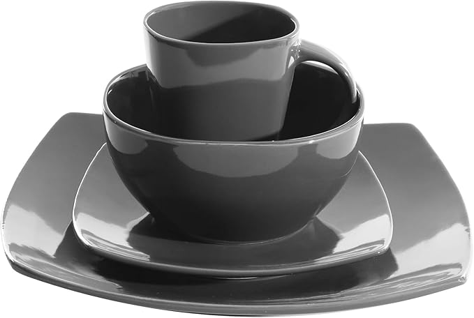 Square Dinnerware Set for 4 – 16-Piece Reactive Glaze Stoneware Dishes in Red Grey &amp White – Modern Microwave &amp Dishwasher Safe Plates Bowls &amp Mugs (Gray)