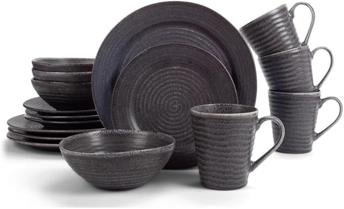 16-Piece Ribbed Dinner Set Black