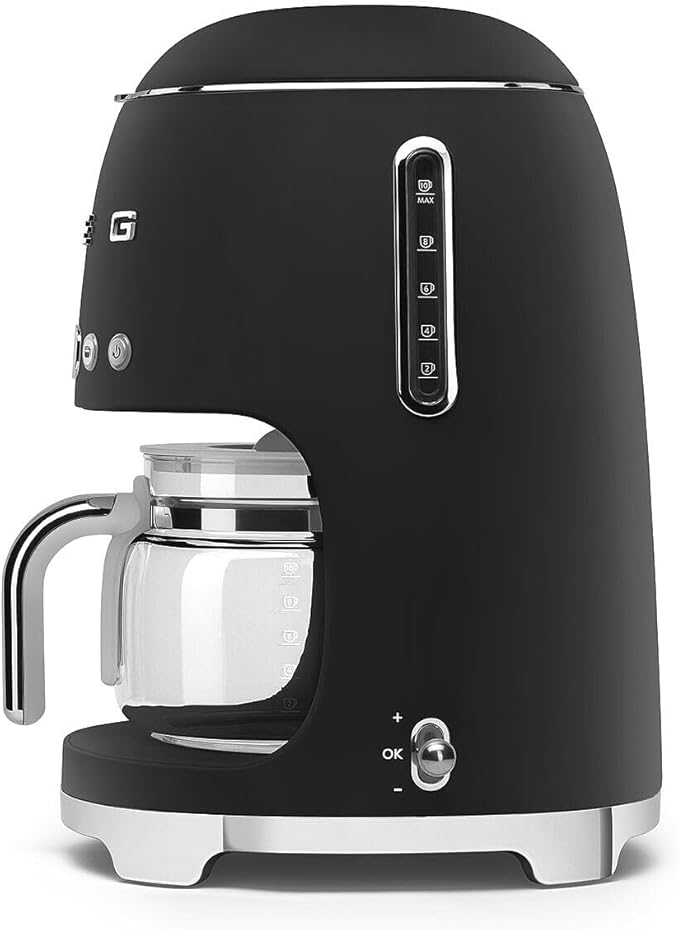 Smeg 50's Retro Style Aesthetic Drip Coffee Machine with 10 Cup Glass Carafe Auto Start Feature Keep Warm Plate and Two Coffee Strength Settings (Matte Black)