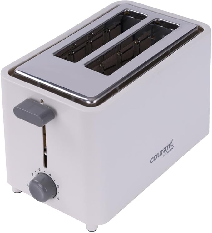 Courant 2-Slice Toaster Cool Touch with Extra Wide Slots For Bread Bagels &amp Waffle with 6 Adjustable Shade Settings Crumb Tray &amp Cancel Function Extra-Lift Feature compact Design – White